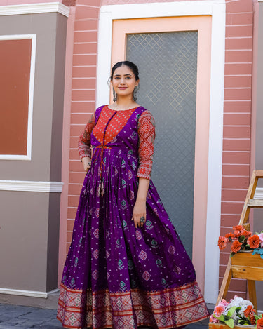 PURPLE  Banarasi Zari Weaving Sleeves Glorious Traditional Gown  1