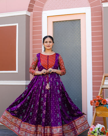 PURPLE  Banarasi Zari Weaving Sleeves Glorious Traditional Gown  