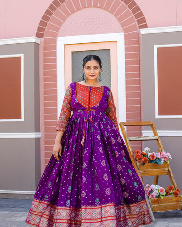 PURPLE  Banarasi Zari Weaving Sleeves Glorious Traditional Gown  4