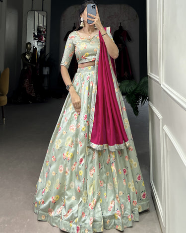 Shy Green Tussar Silk Lehenga Choli with Floral Print Design 2