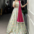 Shy Green Tussar Silk Lehenga Choli with Floral Print Design 3