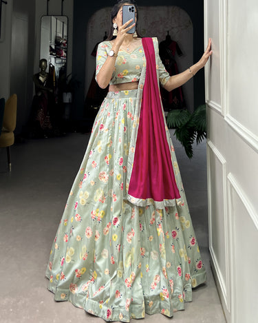 Shy Green Tussar Silk Lehenga Choli with Floral Print Design 3