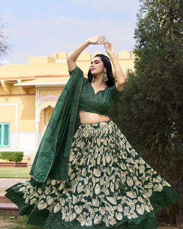 Green Floral Design Tussar Silk Lehenga Choli 1