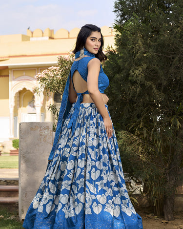 Royal Blue Floral Design Tussar Silk Lehenga Choli 2