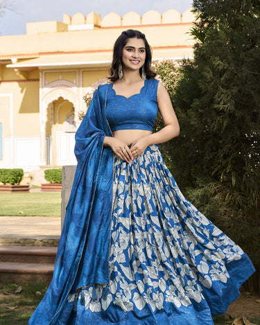 Royal Blue Floral Design Tussar Silk Lehenga Choli