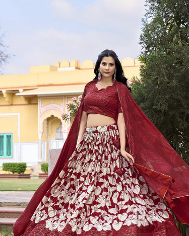 Red Floral Design Tussar Silk Lehenga Choli 1