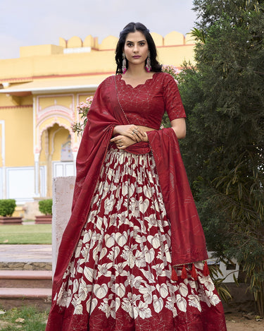 Red Floral Design Tussar Silk Lehenga Choli