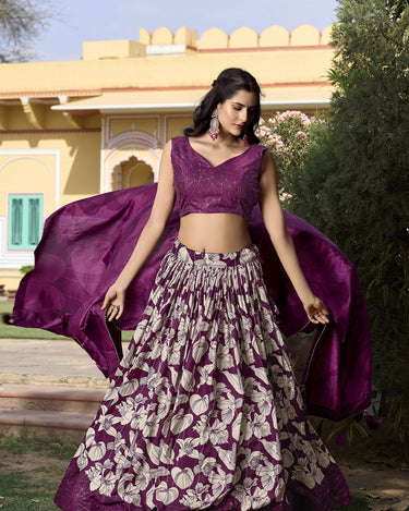 Wine Floral Design Tussar Silk Lehenga Choli 1