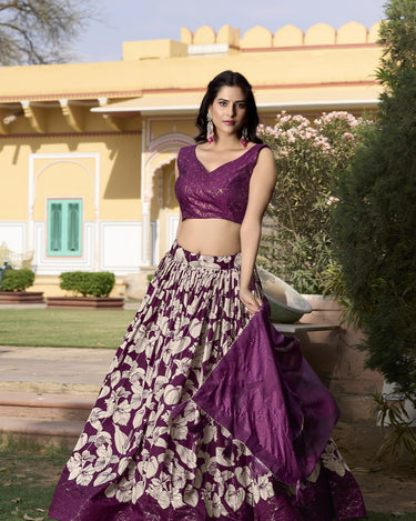 Wine Floral Design Tussar Silk Lehenga Choli 3