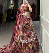 Maroon Colour Tussar Silk Floral Print With Foil Lehenga Choli