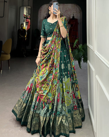 Green Tussar Silk Lehenga Choli with Kalamkari Print 1