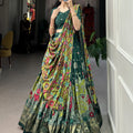 Green Tussar Silk Lehenga Choli with Kalamkari Print 