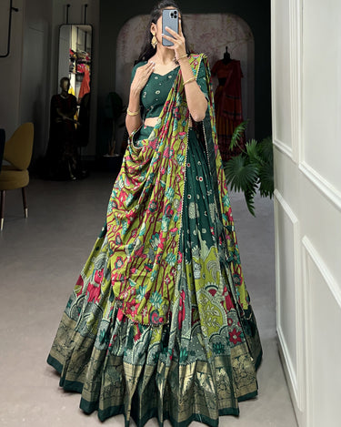 Green Tussar Silk Lehenga Choli with Kalamkari Print 