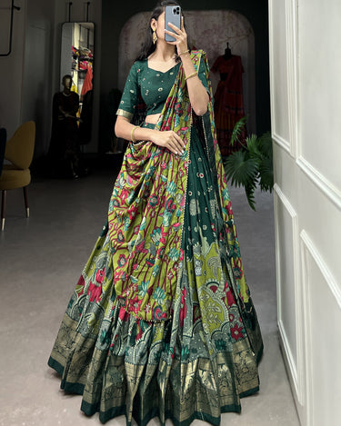 Green Tussar Silk Lehenga Choli with Kalamkari Print