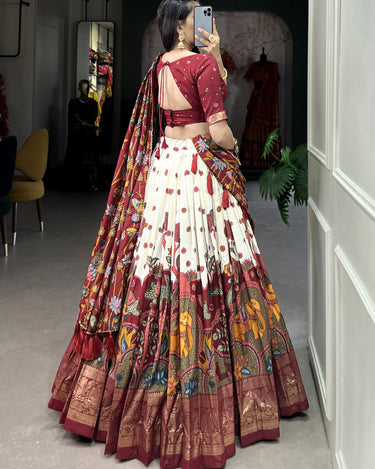 Off White Tussar Silk Lehenga Choli with Kalamkari Print 4