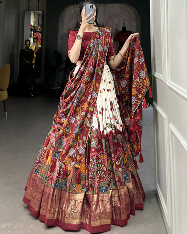 Off White Tussar Silk Lehenga Choli with Kalamkari Print 2