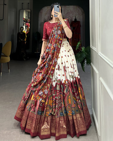 Off White Tussar Silk Lehenga Choli with Kalamkari Print 3