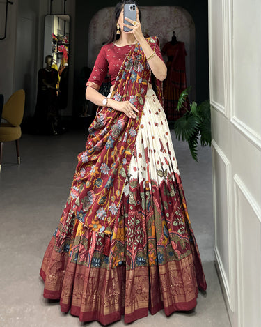 Off White Tussar Silk Lehenga Choli with Kalamkari Print