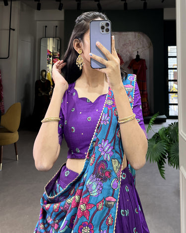 Purple Tussar Silk Lehenga Choli with Kalamkari Print 4