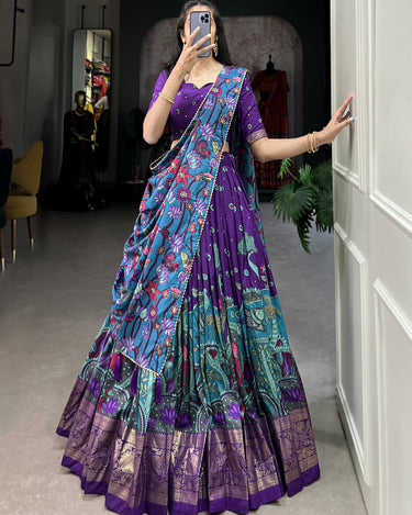 Purple Tussar Silk Lehenga Choli with Kalamkari Print 1