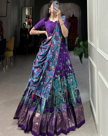 Purple Tussar Silk Lehenga Choli with Kalamkari Print 2