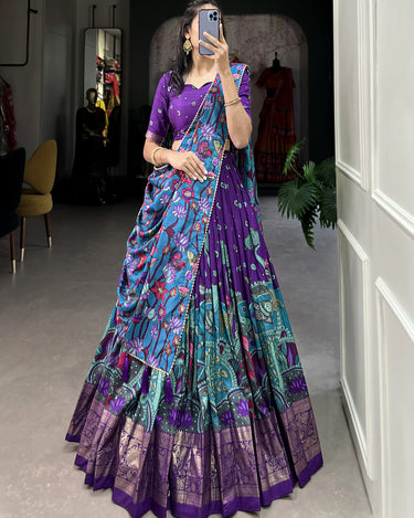 PurpleTussar Silk Lehenga Choli with Kalamkari Print