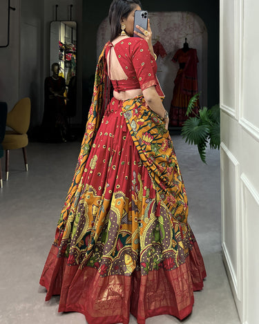 Red Tussar Silk Lehenga Choli with Kalamkari Print 4