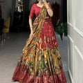 Red Tussar Silk Lehenga Choli with Kalamkari Print 3