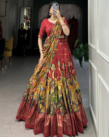 Red Tussar Silk Lehenga Choli with Kalamkari Print 3