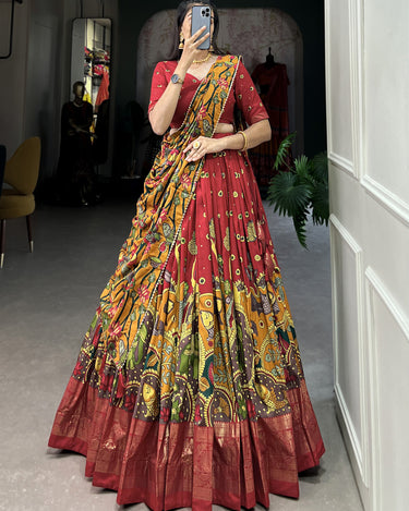 Red Tussar Silk Lehenga Choli with Kalamkari Print