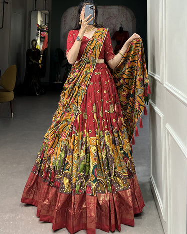 Red Tussar Silk Lehenga Choli with Kalamkari Print 1