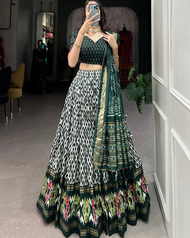 Green Colour Tussar Silk With Ikkat Print Lehenga Choli 1