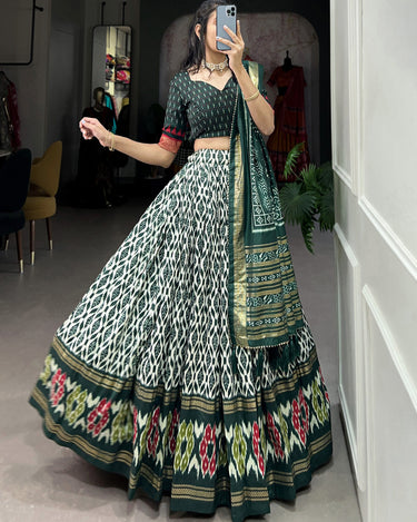 Green Colour Tussar Silk With Ikkat Print Lehenga Choli 3