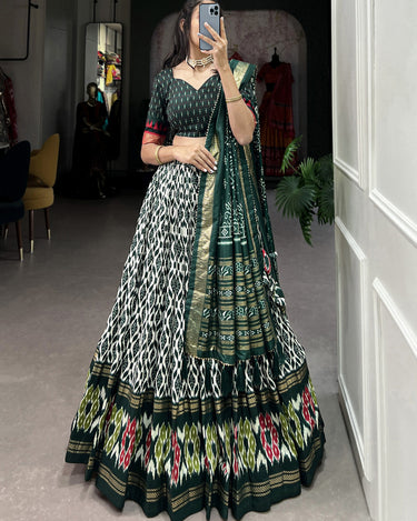 Green Colour Tussar Silk With Ikkat Print Lehenga Choli