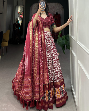 Maroon Colour Tussar Silk With Ikkat Print Lehenga Choli 1