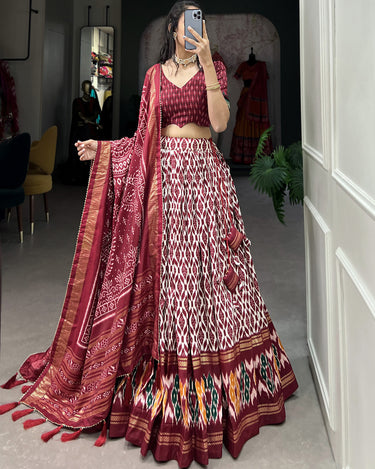 Maroon Colour Tussar Silk With Ikkat Print Lehenga Choli 3