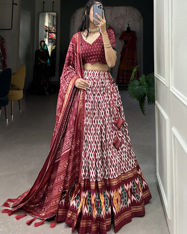 Maroon Colour Tussar Silk With Ikkat Print Lehenga Choli