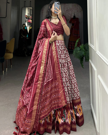 Maroon Colour Tussar Silk With Ikkat Print Lehenga Choli 4