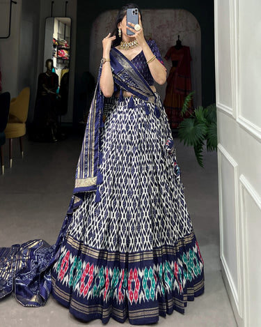 Navy Blue Colour Tussar Silk With Ikkat Print Lehenga Choli 3