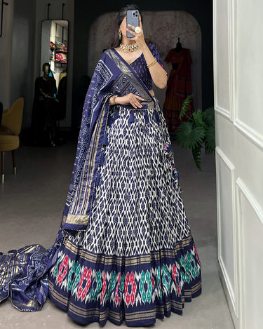 Navy Blue Colour Tussar Silk With Ikkat Print Lehenga Choli