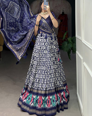 Navy Blue Colour Tussar Silk With Ikkat Print Lehenga Choli 1