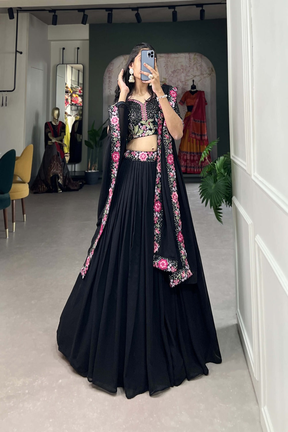 Black color Sequins and Thread Embroidery Work Bridal Lehenga Choli 