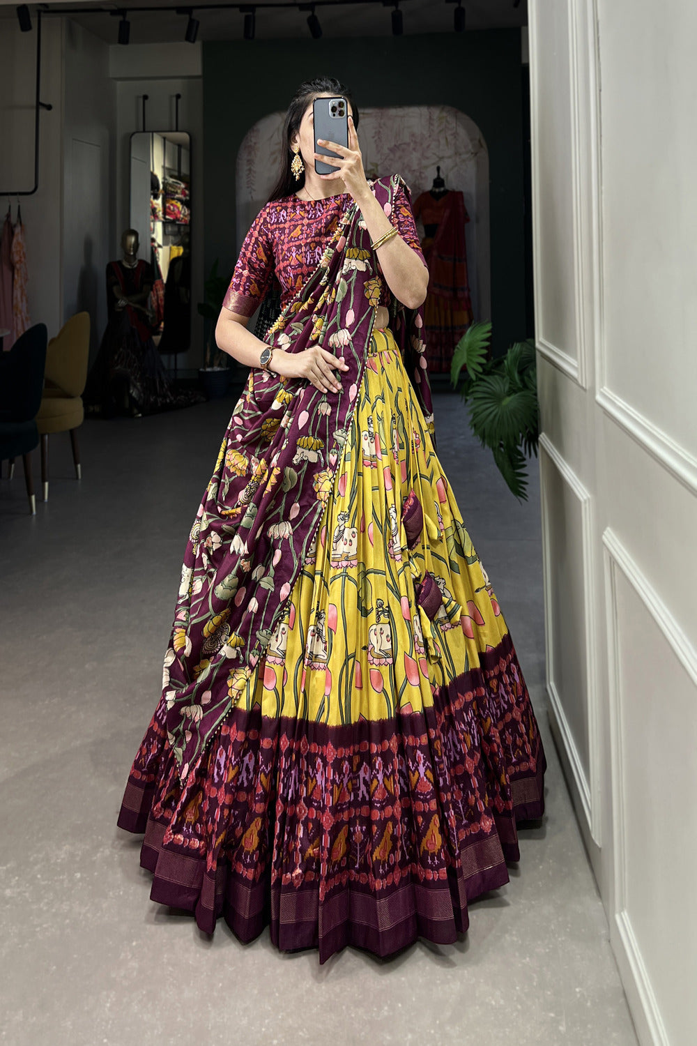 Yellow Tussar Silk Pichwai With Patola Print Lehenga Choli