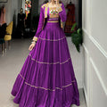 Purple Colour Colour Pure Rayon Jhamkudi Navratri Chaniya Choli 1