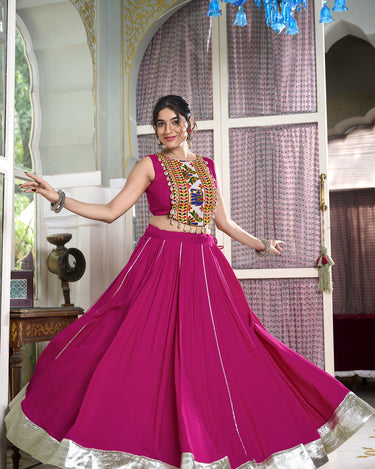 Rani Pink Rayon Plain And Lace Border With Gotta Patti Touch Up Chaniya Choli 1