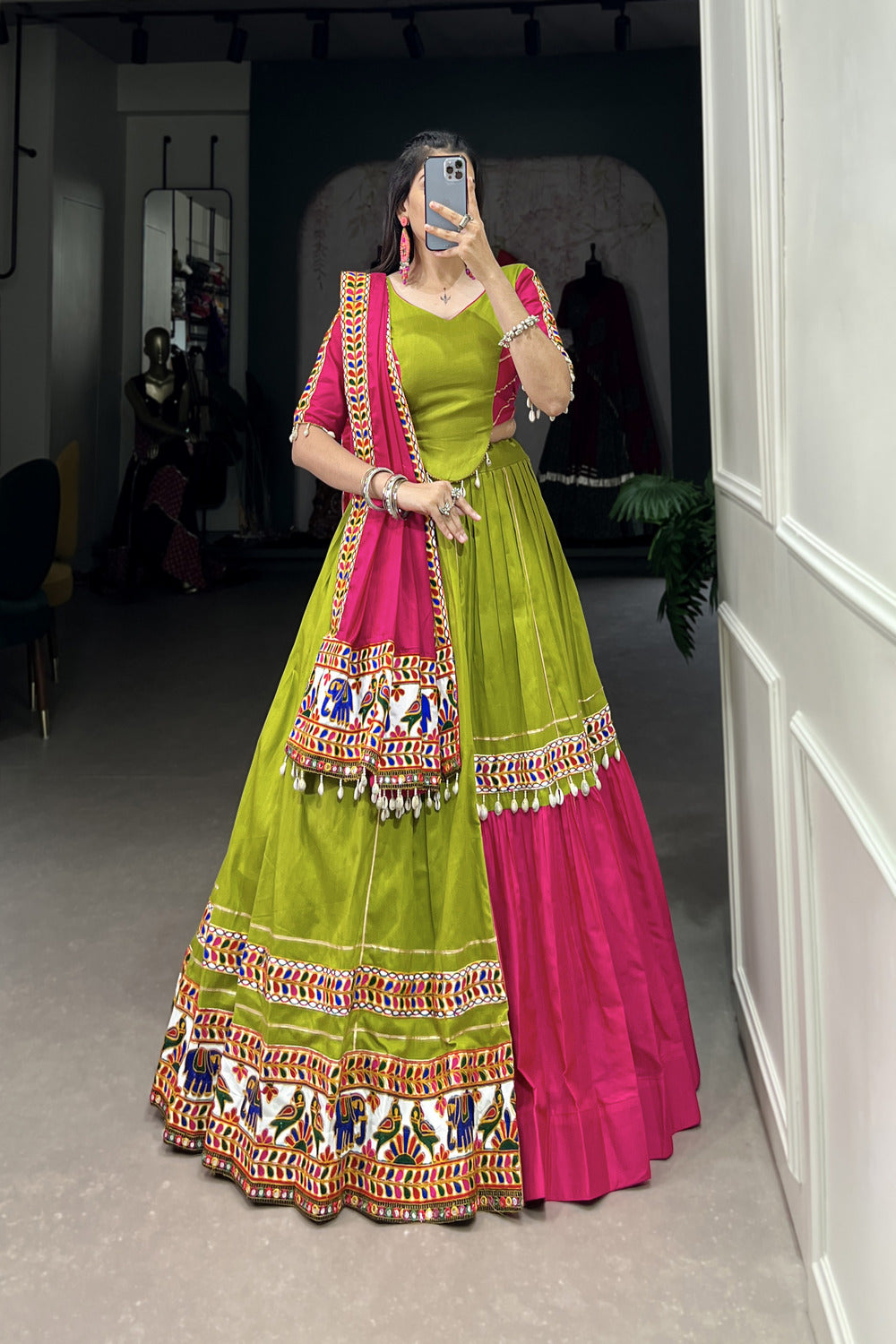 Parrot Colour Gamthi Work And Gota Patti Chaniya Choli