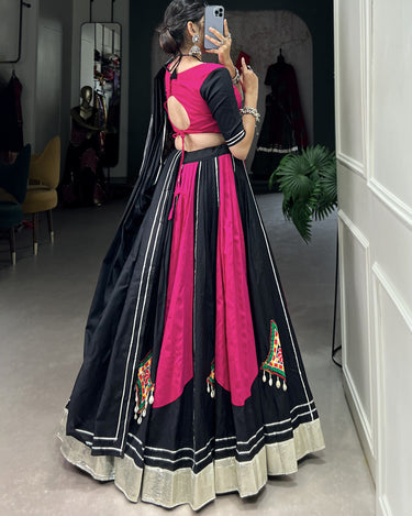 Radiant Pink and Black Cotton Chaniya Choli with Gamthi Work 