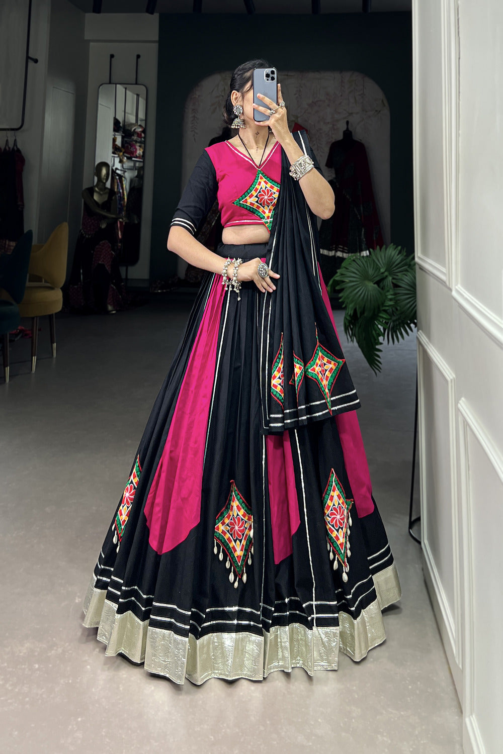 Radiant Pink and Black Cotton Chaniya Choli with Gamthi Work