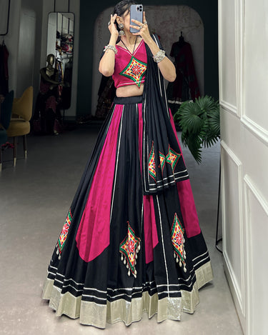 Radiant Pink and Black Cotton Chaniya Choli with Gamthi Work 4