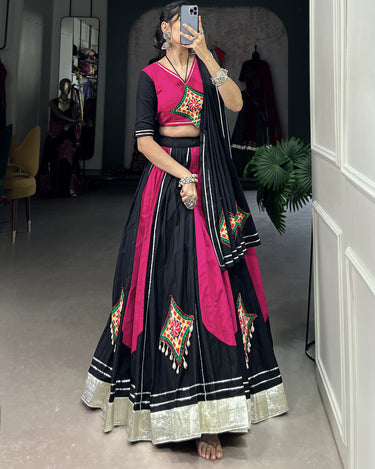 Radiant Pink and Black Cotton Chaniya Choli with Gamthi Work 3